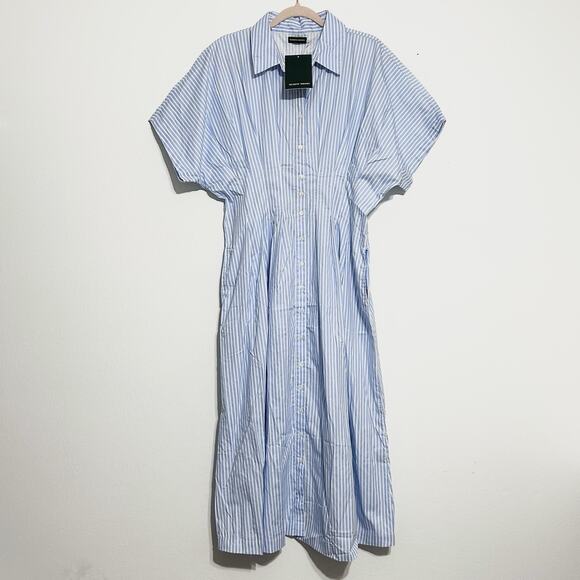 Anthropologie Maxi Shirt Dress Pleated Poplin Blue White Striped Pintuck NWT L - Picture 2 of 14